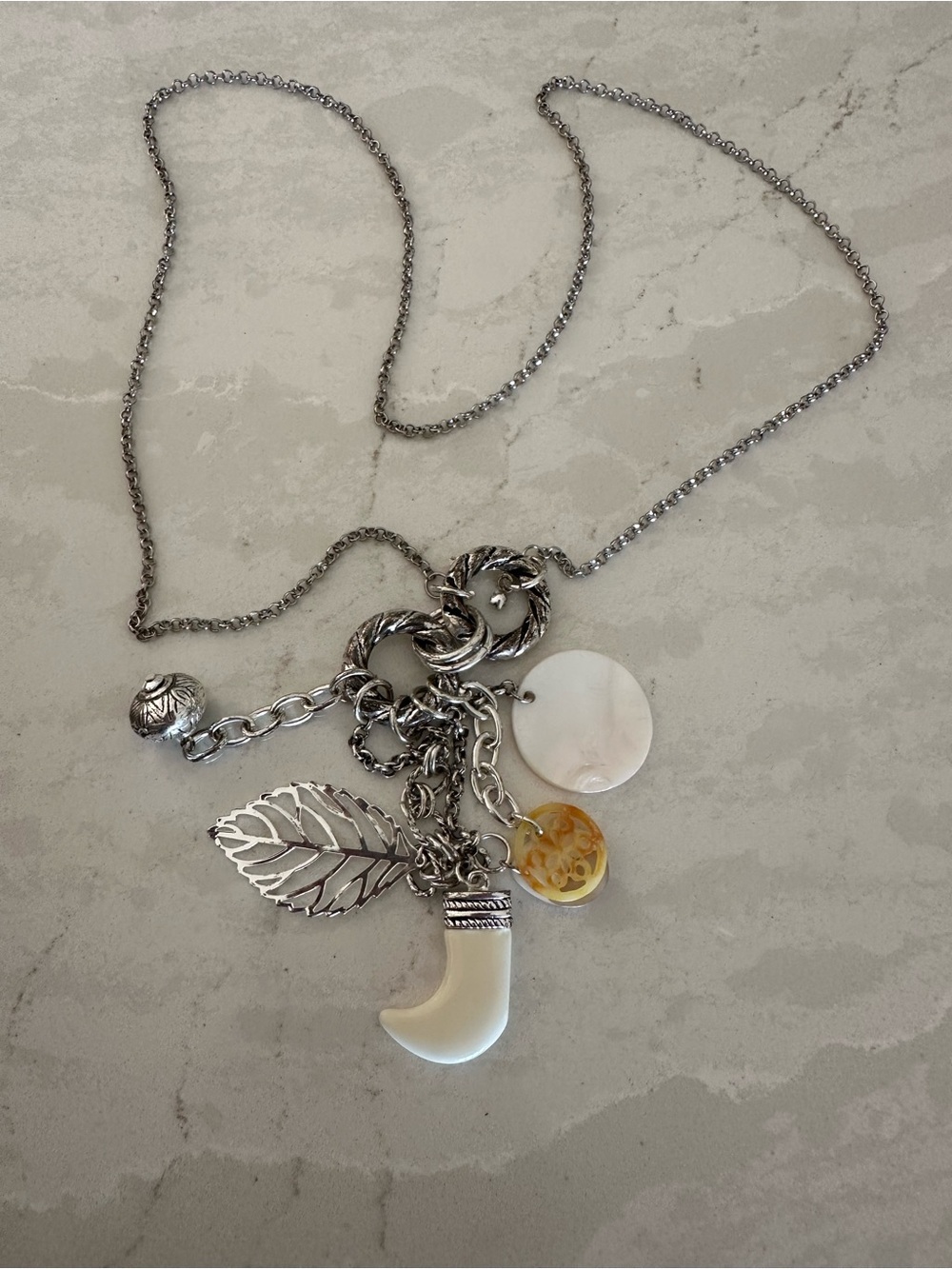 Silver Tone Leaf & Shell Charm Necklace in White and Cream